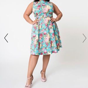 Unique Vintage Turquoise Floral Swing Dress